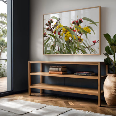Astralian bush eucalyptus and native bird wall art in a modern Australian interior