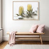 Coastal Banksia flower duo framed canvas print styled in a minimalist interior