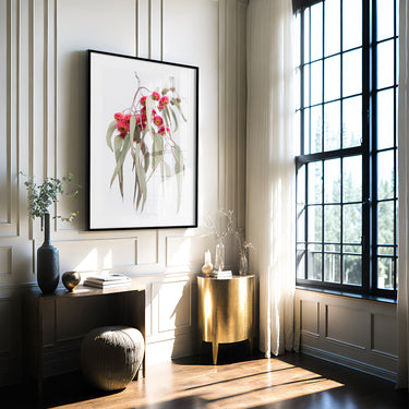 Eucalyptus blossoms botanical photography wall art in a modern luxe Australian interior