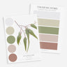 Color swatches with eucalyptus leaf design on a white background