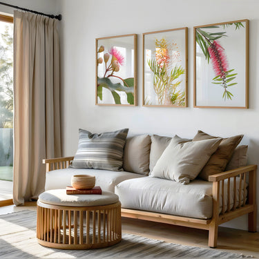 Grevillea and Australian native flowers photography set of 3 prints in neutral interior
