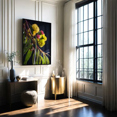 Illyarrie flower photography print in frame in a modern interior