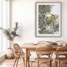 Rainbow lorikeet and Illyarrie blossom framed artwork styled in a natural interior | Australian Flora