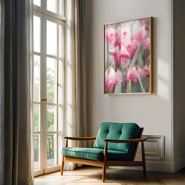 Pink ironbark floral photography print in a frame in a modern Australian interior
