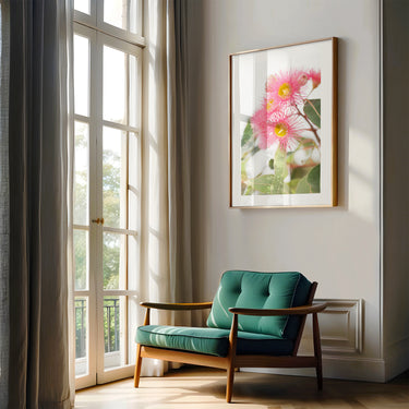 Pink flowering gum photography wall art by Australian Flora, in a modern Australian interior