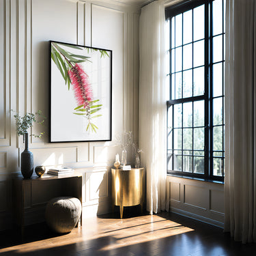 Red bottlebrush botanical photography print in a minimalist frame and interior